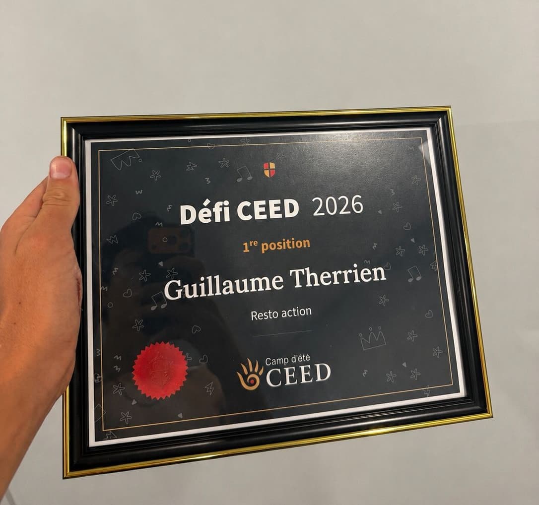 Certificat du Défi CEED 2026, 1re position, remis à Guillaume Therrien pour Resto Action